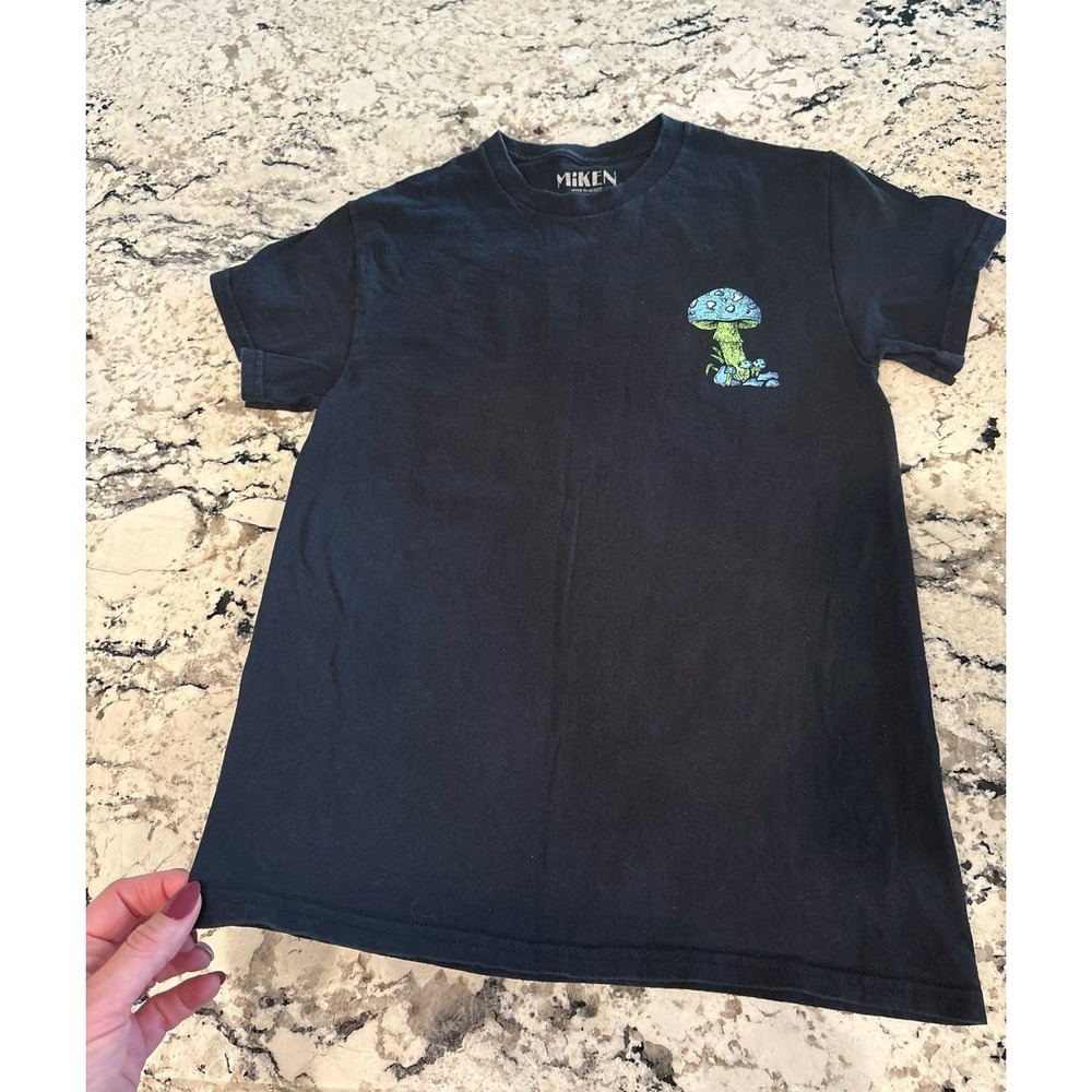 Men's size Small MIKEN Black T-Shirt with Dazed Mushroom Graphic.